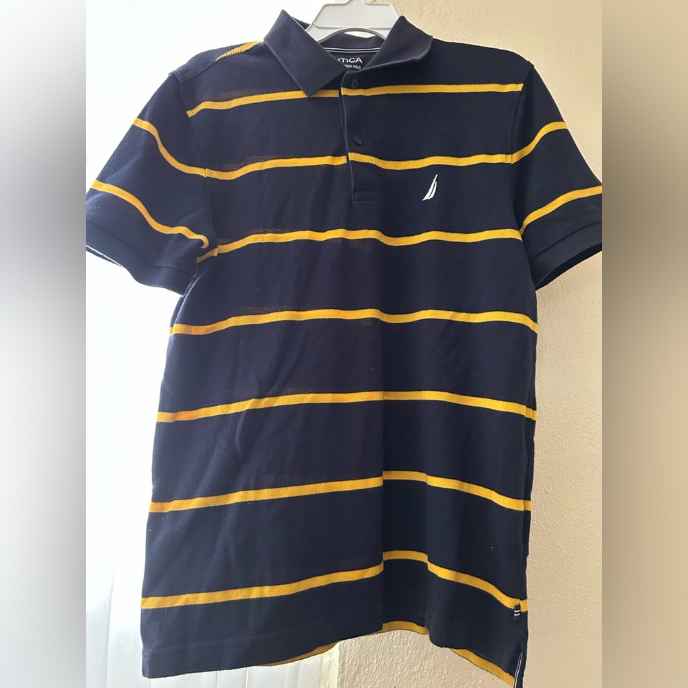Nautica Dark Blue and Gold Striped Polo